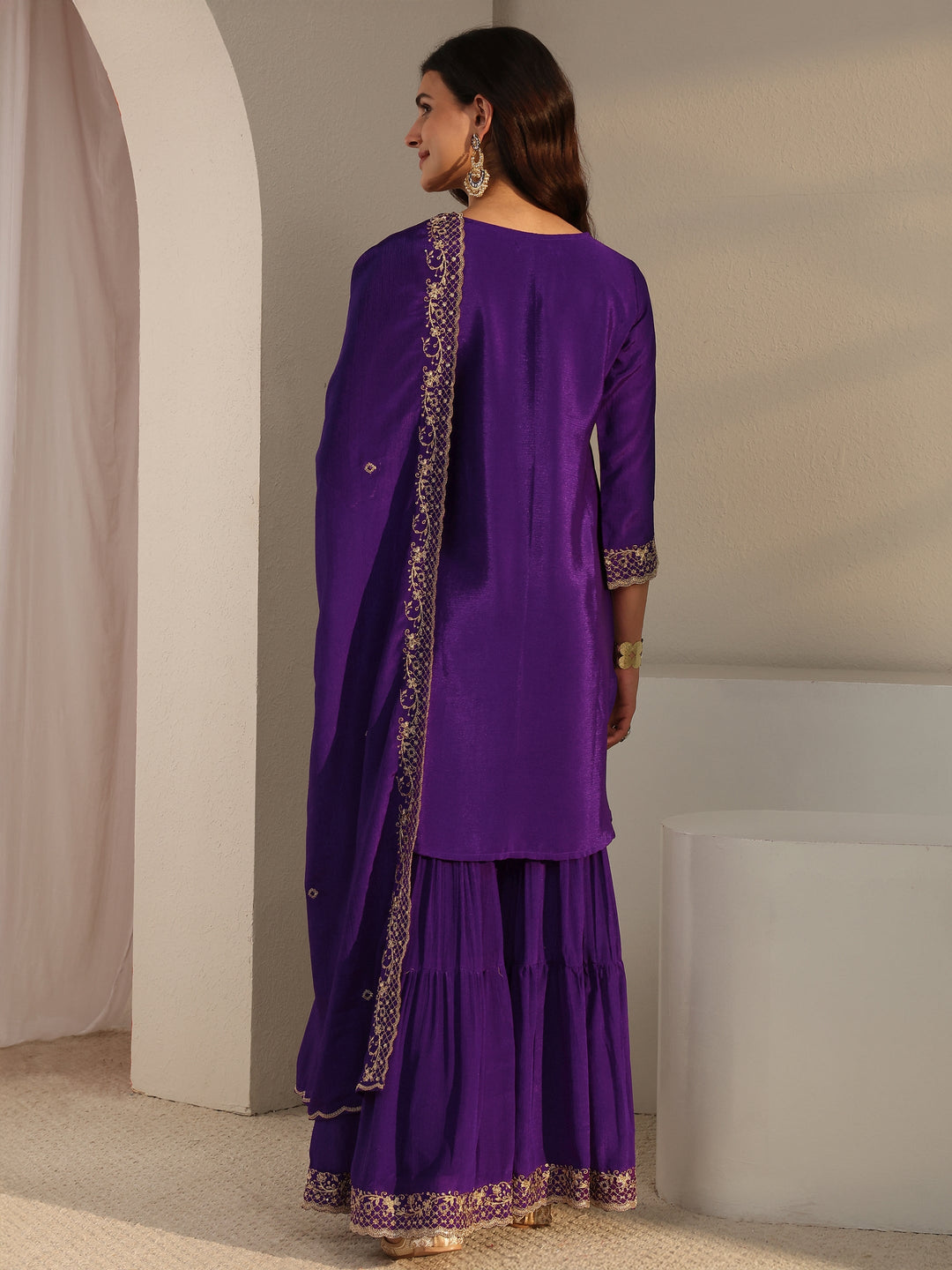 Purple Floral Embroidered Chinon Sharara Suit Set With Dupatta
