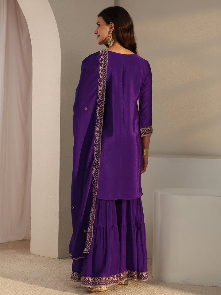 Purple Floral Embroidered Chinon Sharara Suit Set With Dupatta