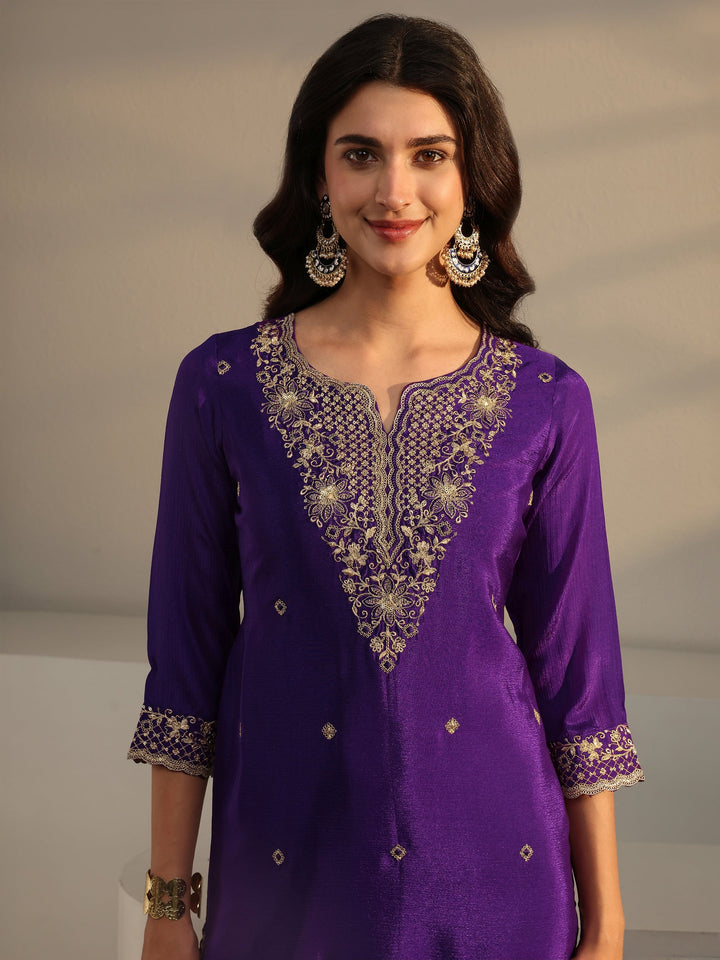 Purple Floral Embroidered Chinon Sharara Suit Set With Dupatta