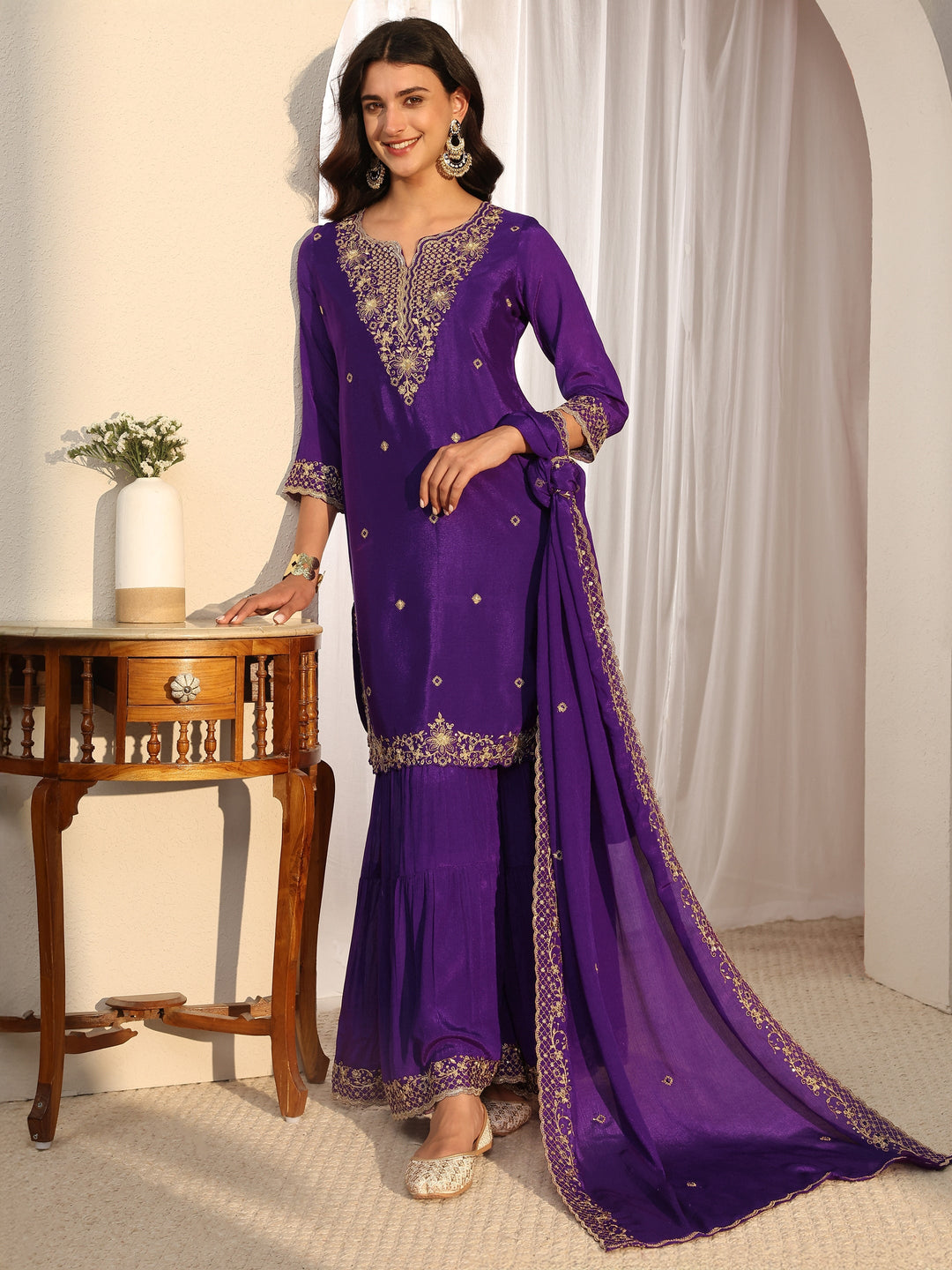 Purple Floral Embroidered Chinon Sharara Suit Set With Dupatta