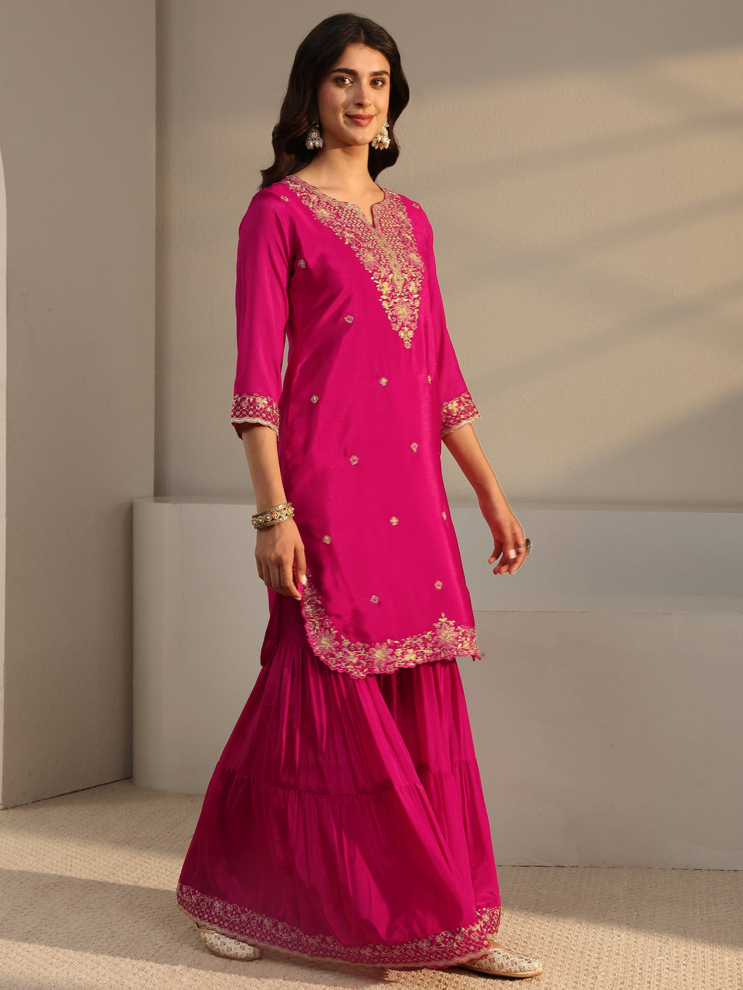 Pink Floral Embroidered Chinon Sharara Suit Set With Dupatta