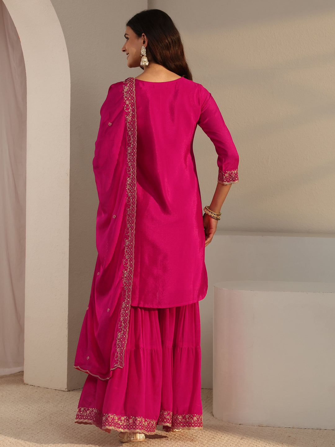 Pink Floral Embroidered Chinon Sharara Suit Set With Dupatta