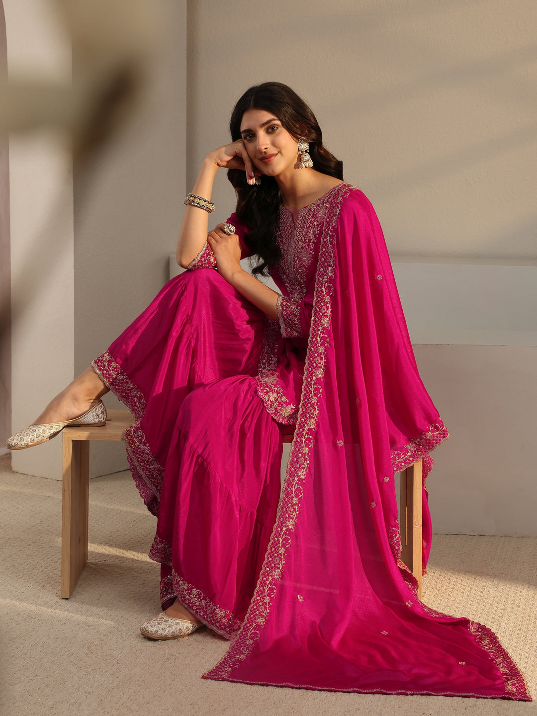 Pink Floral Embroidered Chinon Sharara Suit Set With Dupatta