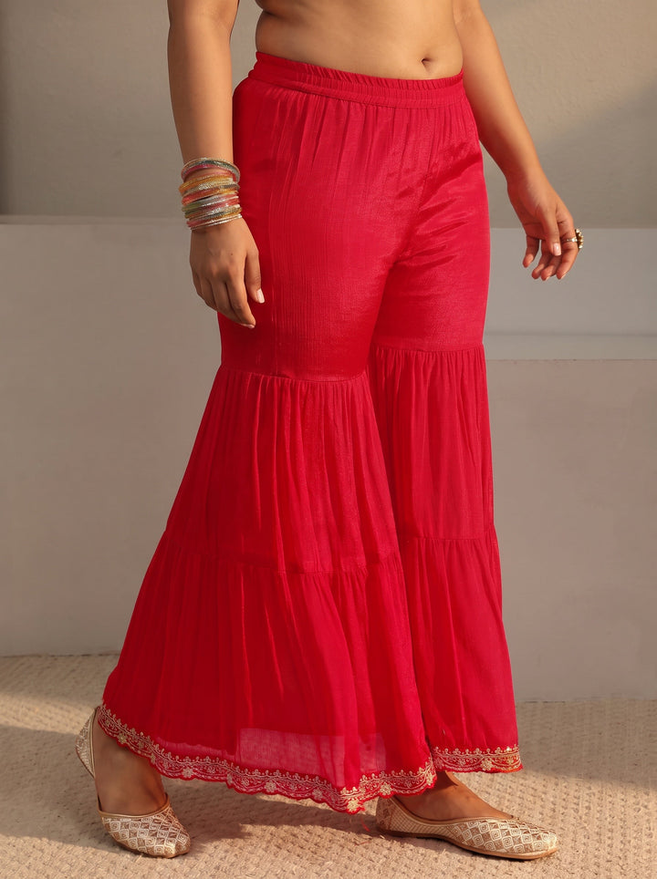 Plus Size Red Floral Embroidered Chinon Sharara Suit Set With Dupatta