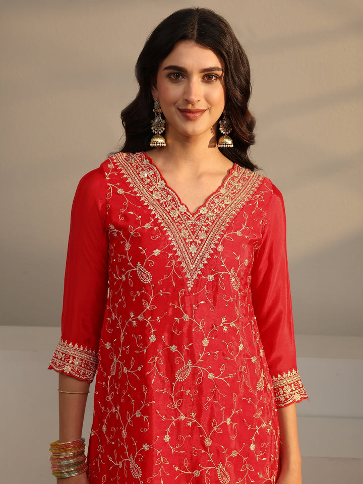 Red Floral Embroidered Chinon Sharara Suit Set With Dupatta
