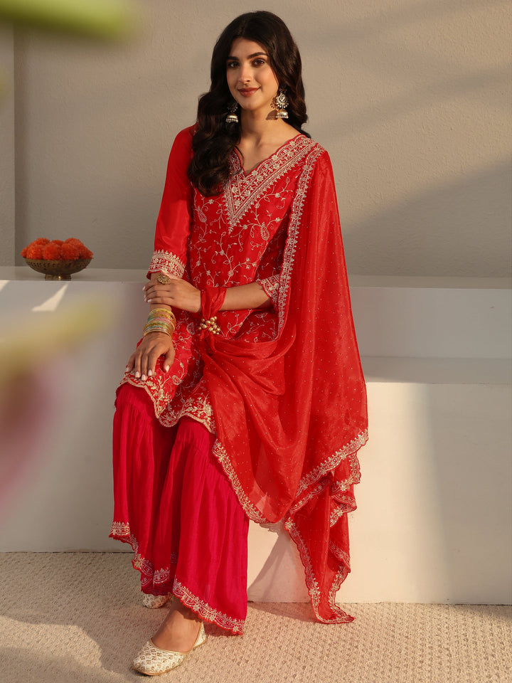 Red Floral Embroidered Chinon Sharara Suit Set With Dupatta
