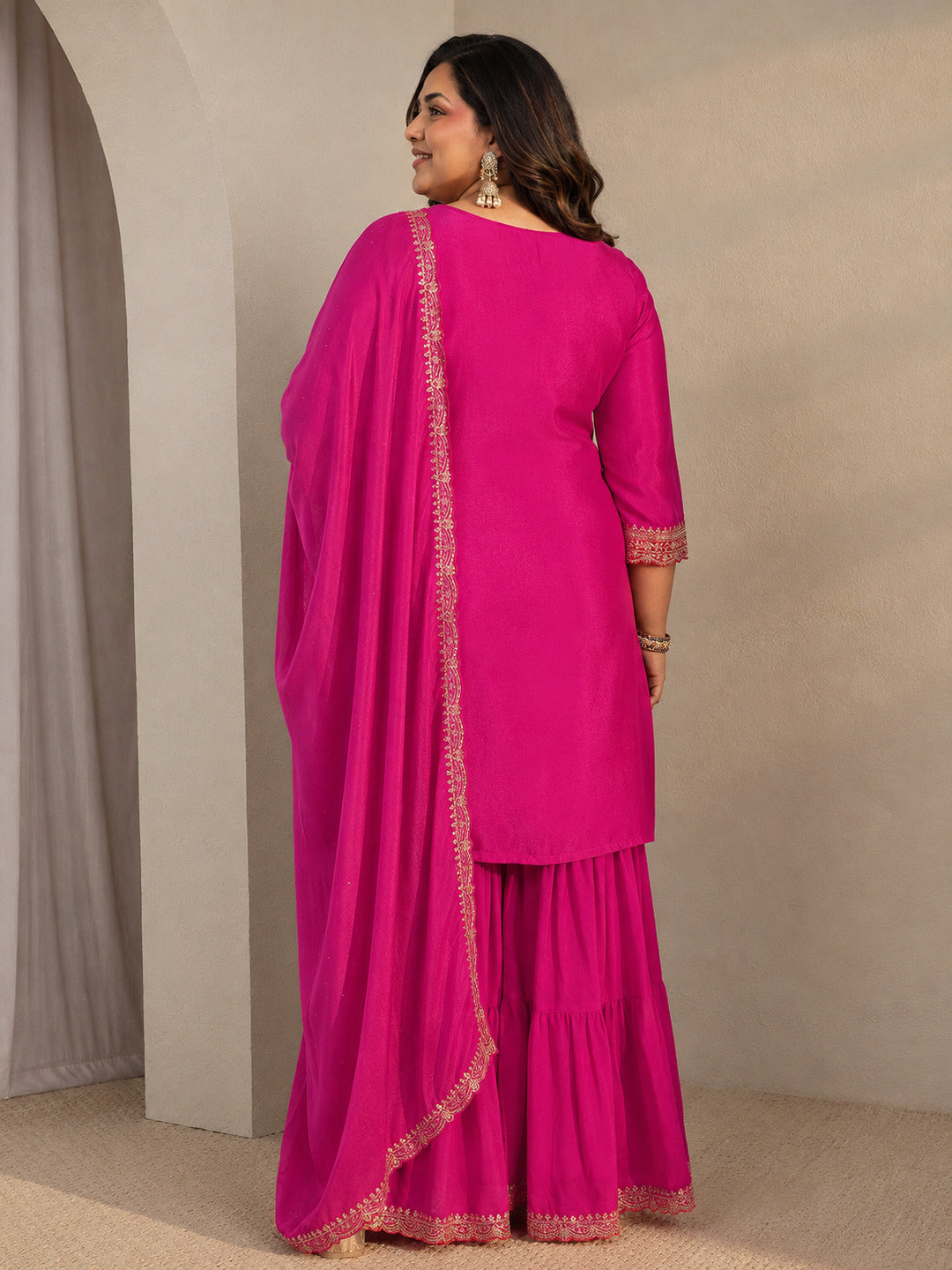 Plus Size Pink Floral Embroidered Chinon Sharara Suit Set With Dupatta