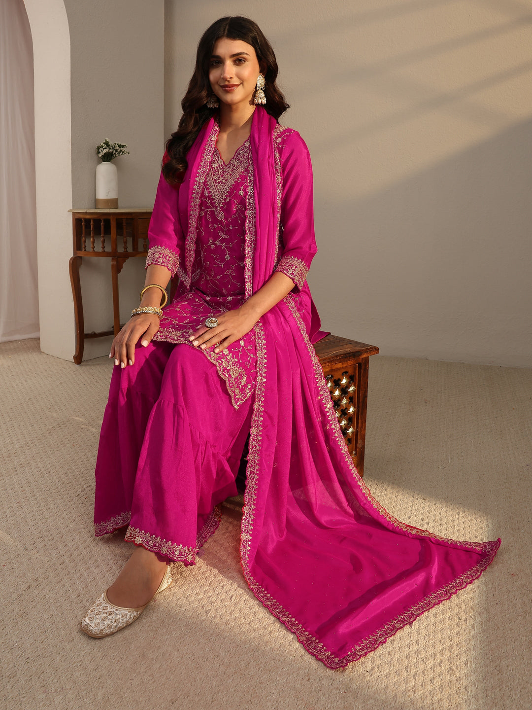 Pink Floral Embroidered Chinon Sharara Suit Set With Dupatta