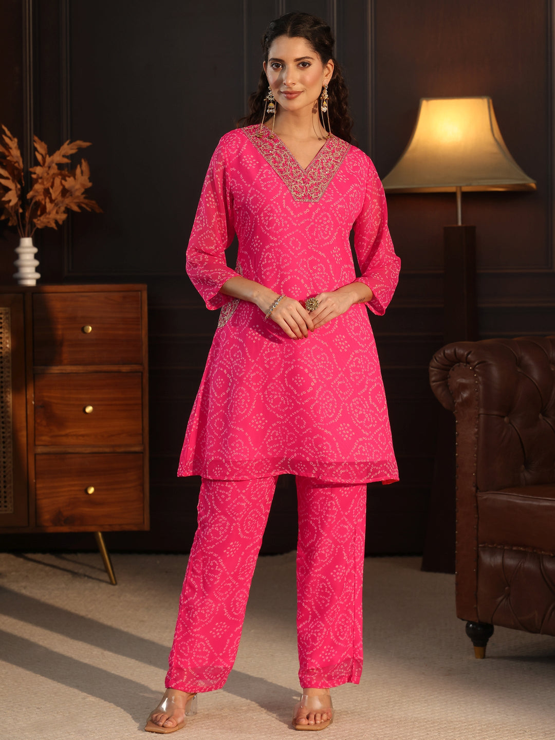 Libas Pink Bandhani Printed Chiffon Co-Ord Set