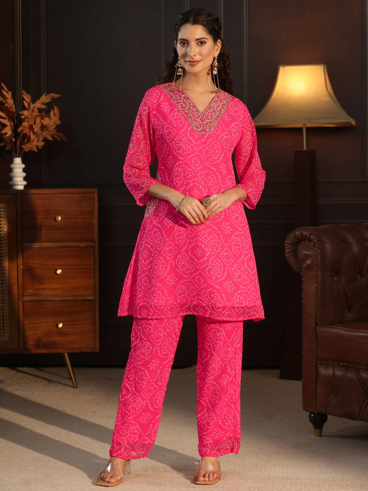 Libas Pink Bandhani Printed Chiffon Co-Ord Set