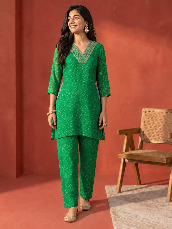 Libas Green Bandhani Printed Chiffon Co-Ord Set