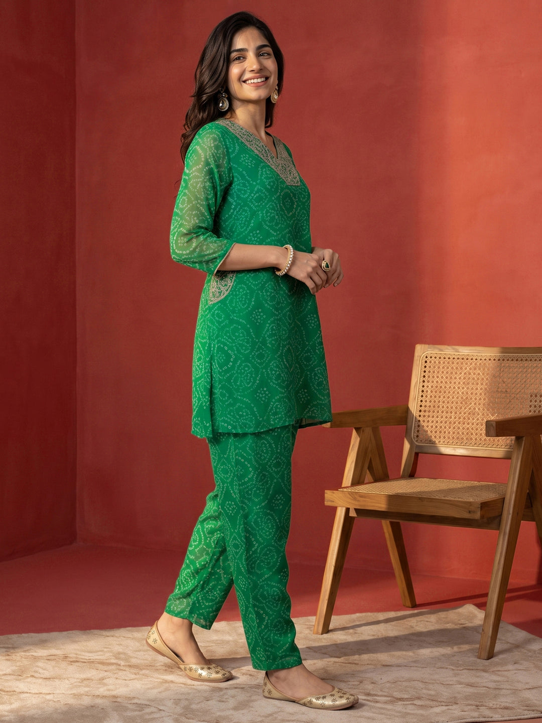 Libas Green Bandhani Printed Chiffon Co-Ord Set