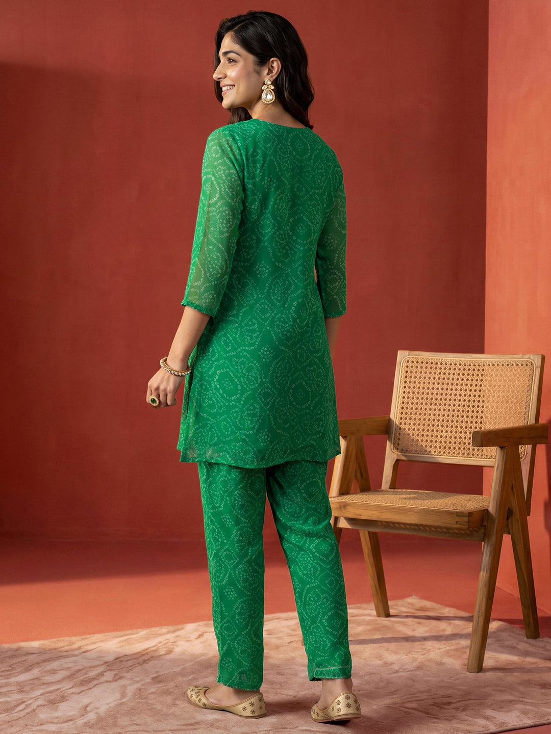 Libas Green Bandhani Printed Chiffon Co-Ord Set