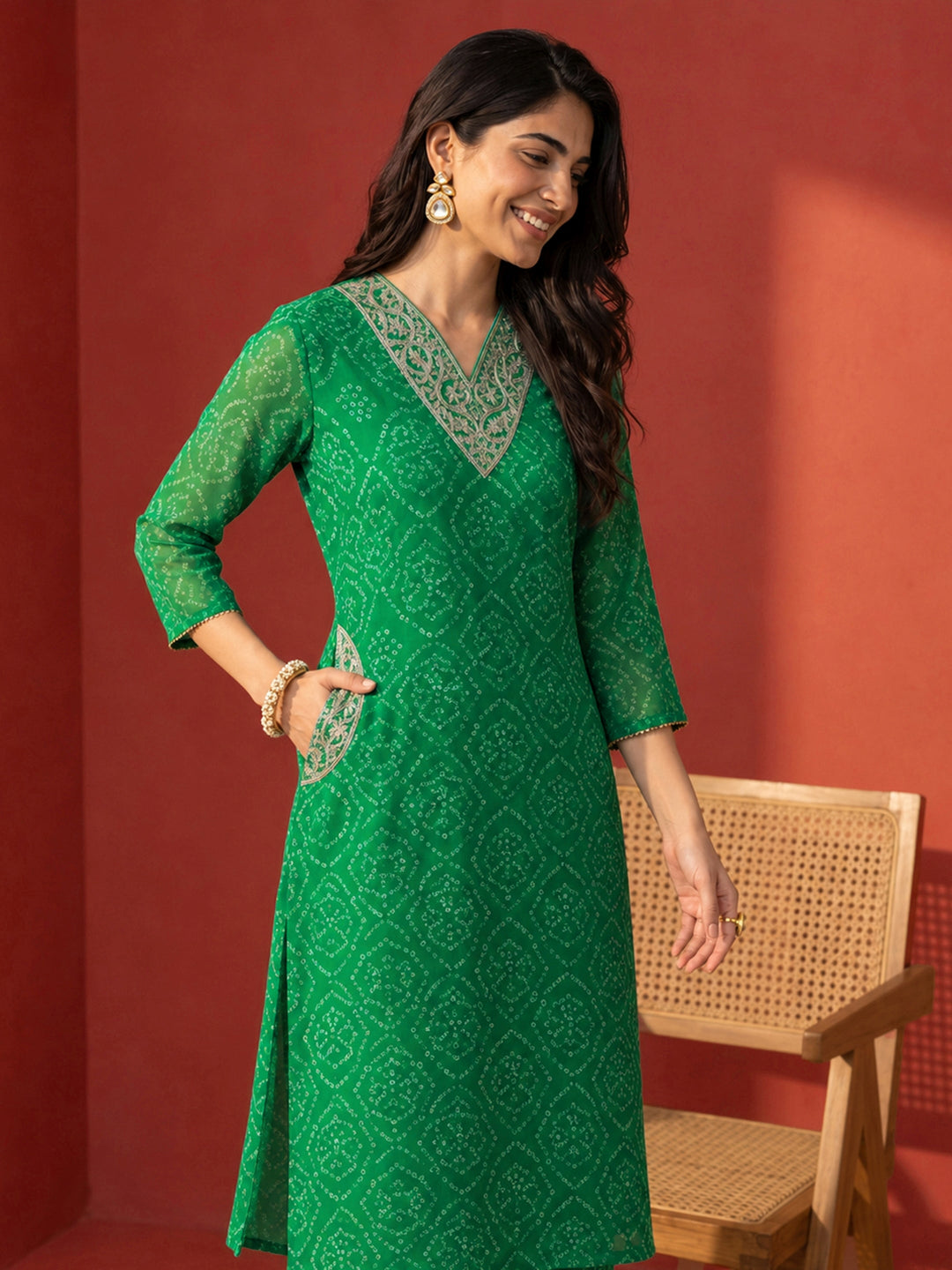 Libas Green Bandhani Printed Chiffon Co-Ord Set