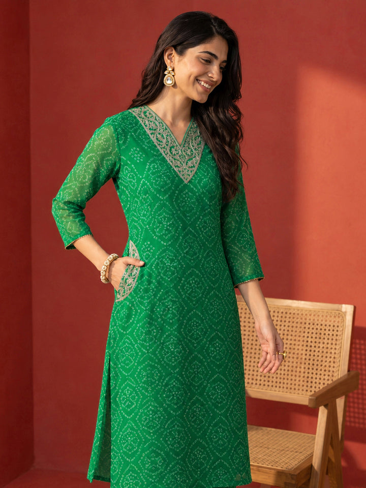Libas Green Bandhani Printed Chiffon Co-Ord Set