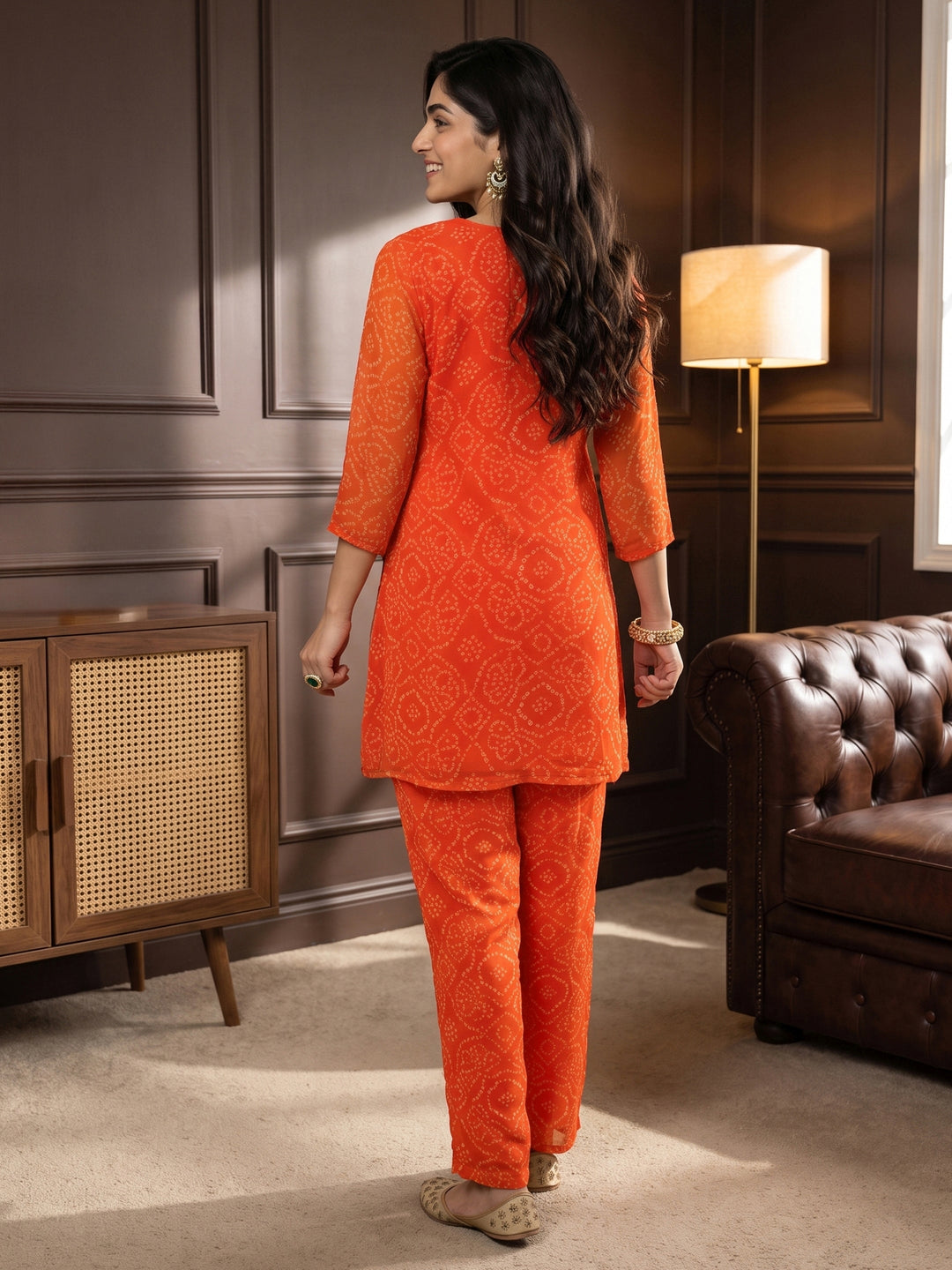Libas Orange Bandhani Printed Chiffon Co-Ord Set