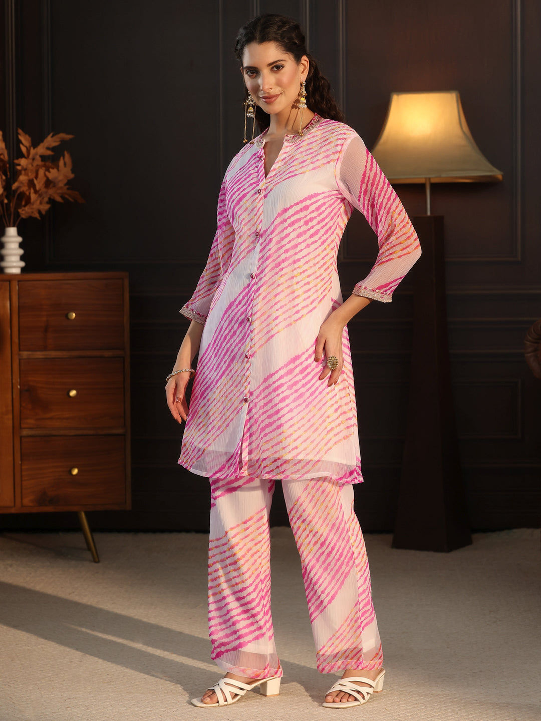 Libas Off White Leheriya Printed Chiffon Co-Ord Set