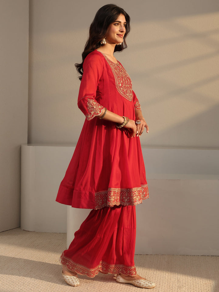 Red Embroidered Chinon Sharara Suit Set With Dupatta