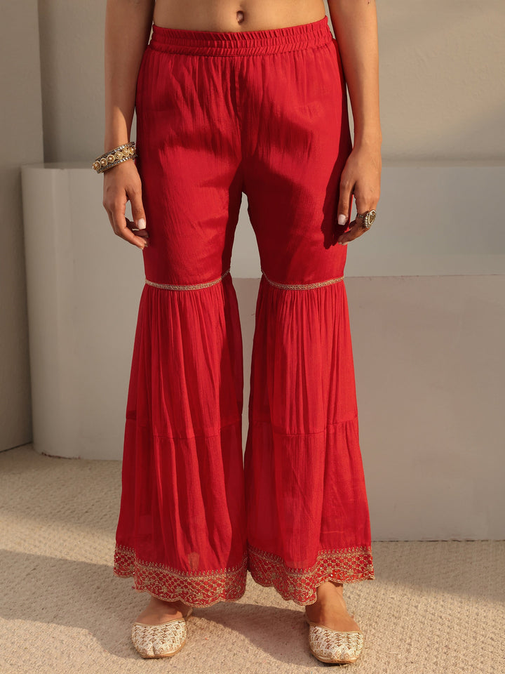 Red Embroidered Chinon Sharara Suit Set With Dupatta