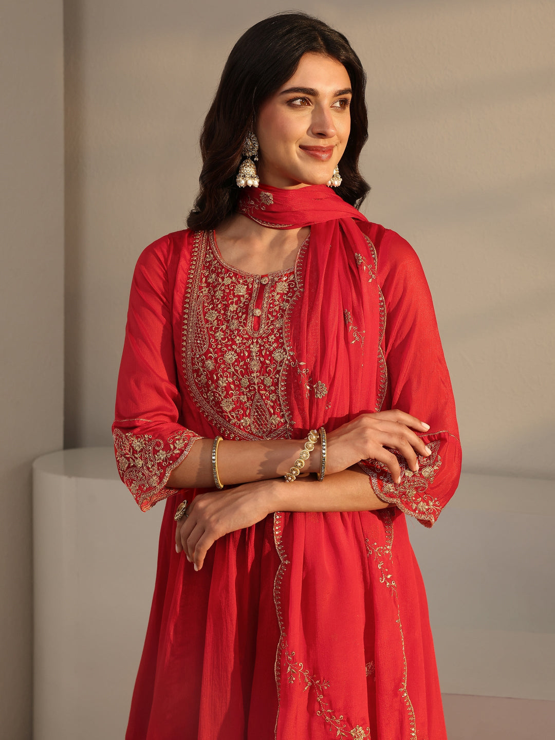 Red Embroidered Chinon Sharara Suit Set With Dupatta