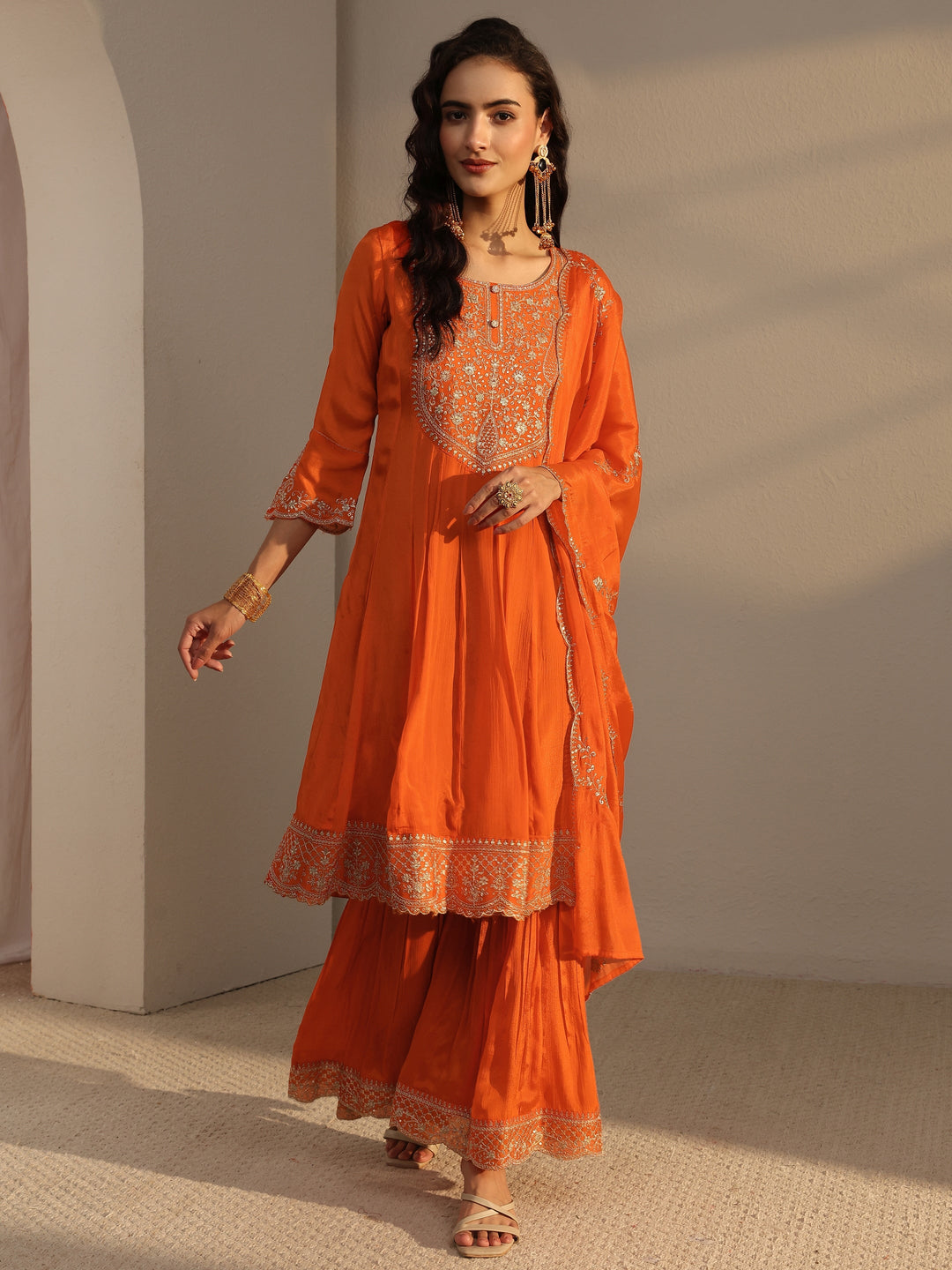 Orange Embroidered Chinon Sharara Suit Set With Dupatta