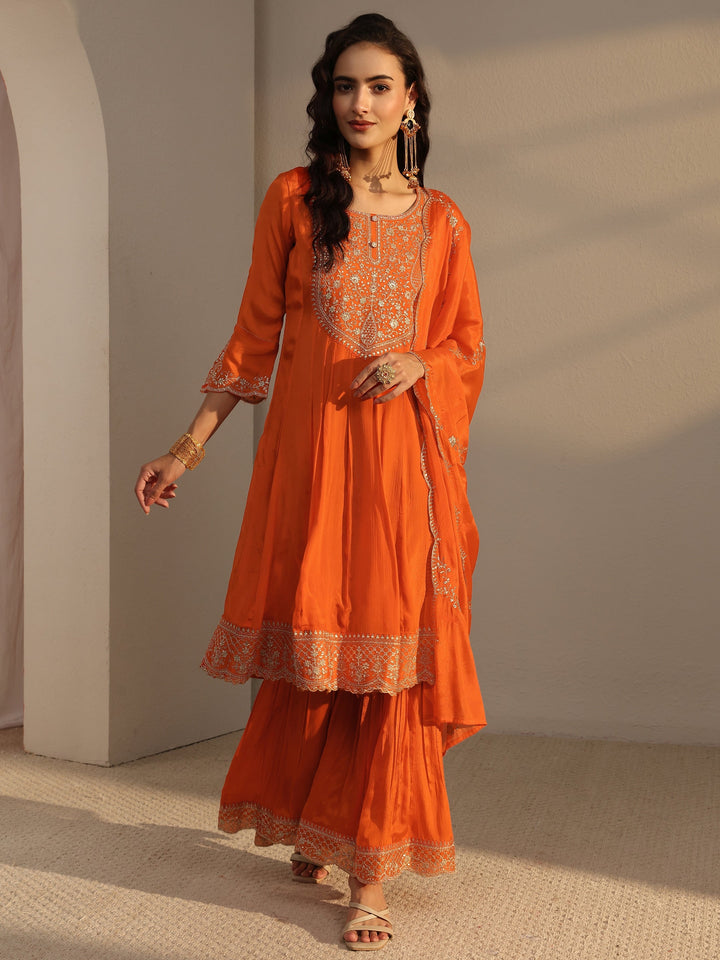 Orange Embroidered Chinon Sharara Suit Set With Dupatta