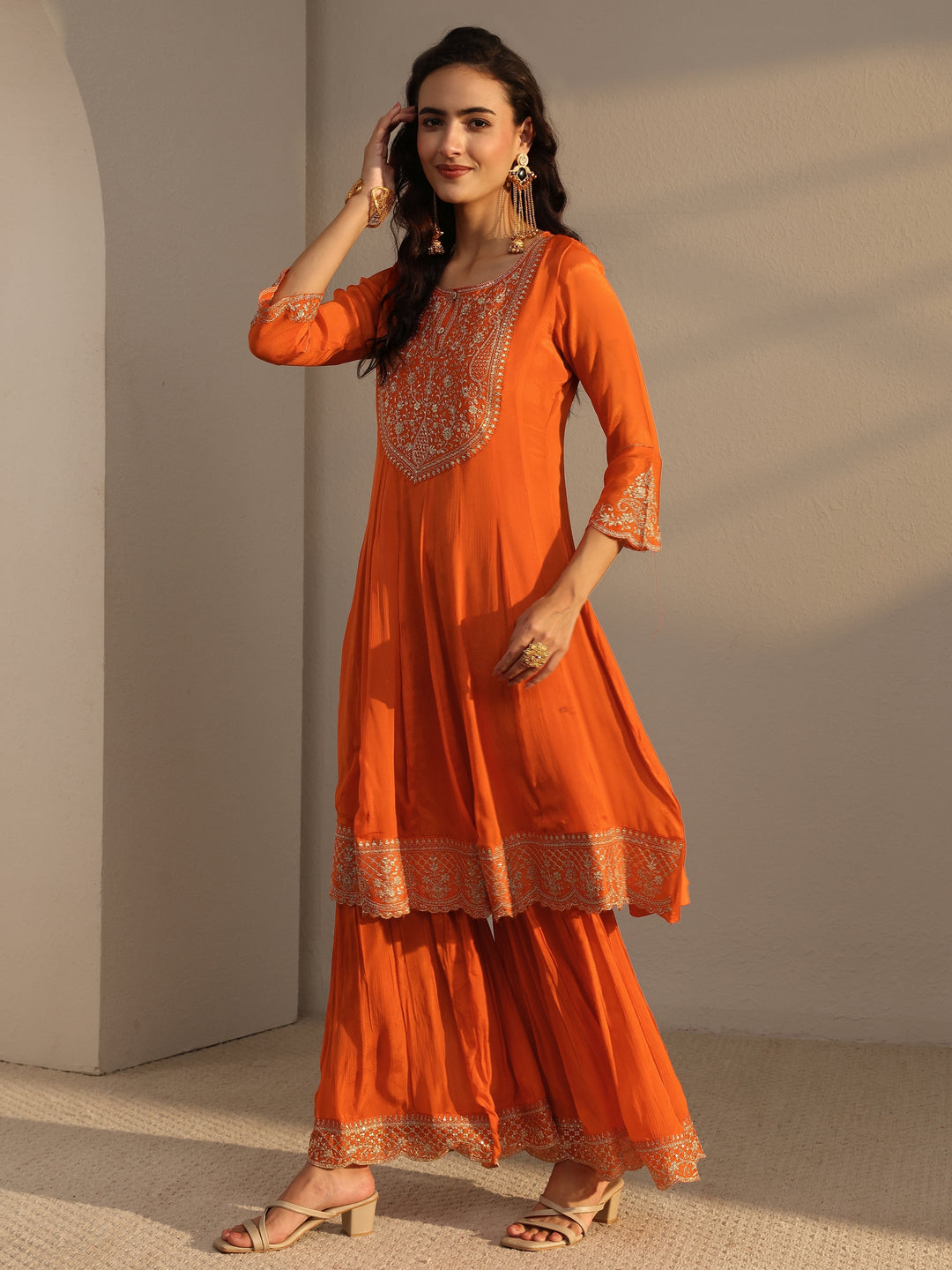 Orange Embroidered Chinon Sharara Suit Set With Dupatta
