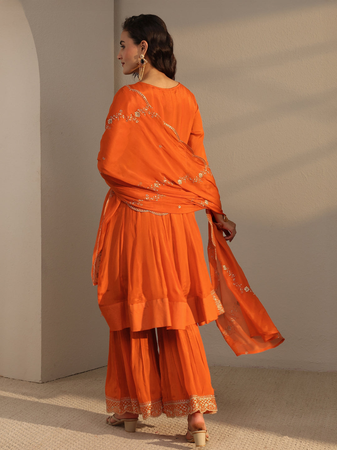Orange Embroidered Chinon Sharara Suit Set With Dupatta