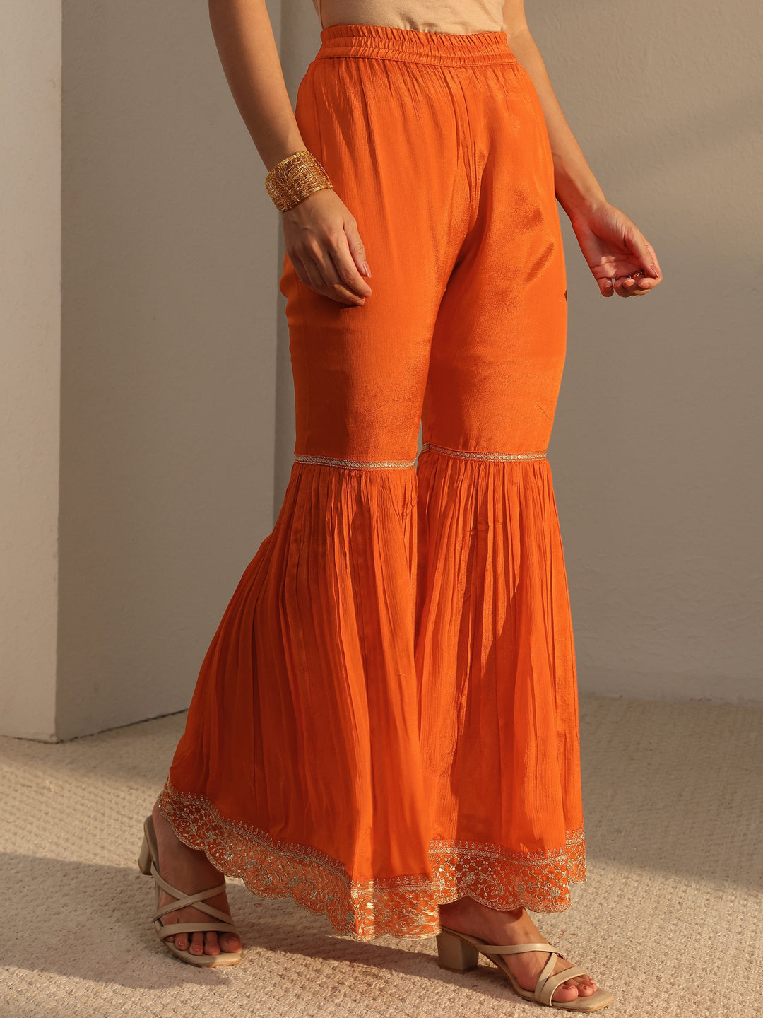 Orange Embroidered Chinon Sharara Suit Set With Dupatta