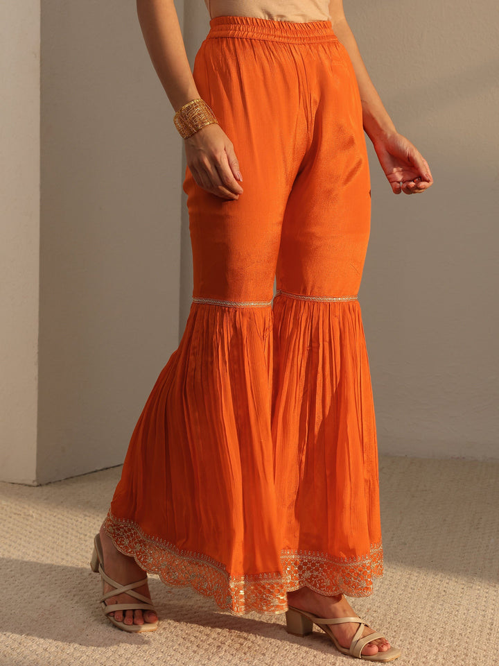 Orange Embroidered Chinon Sharara Suit Set With Dupatta