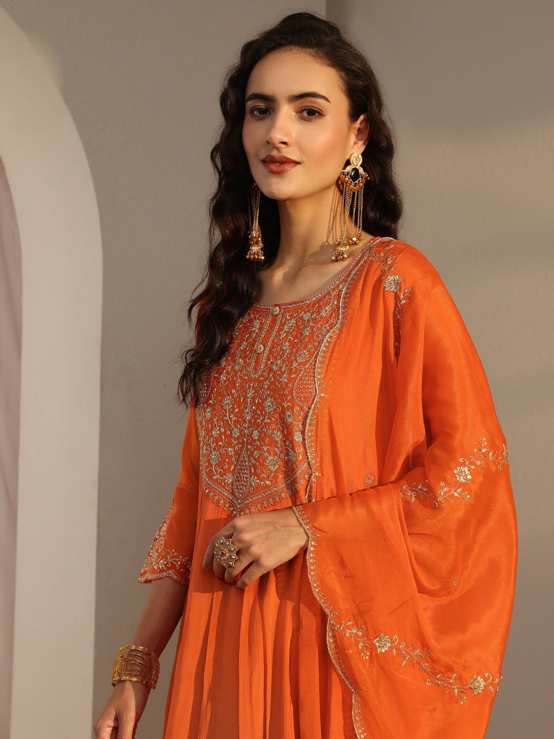 Orange Embroidered Chinon Sharara Suit Set With Dupatta