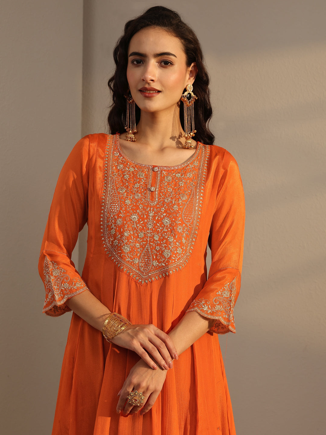 Orange Embroidered Chinon Sharara Suit Set With Dupatta