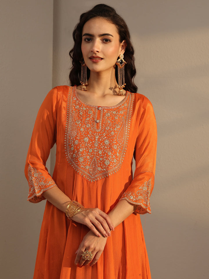 Orange Embroidered Chinon Sharara Suit Set With Dupatta
