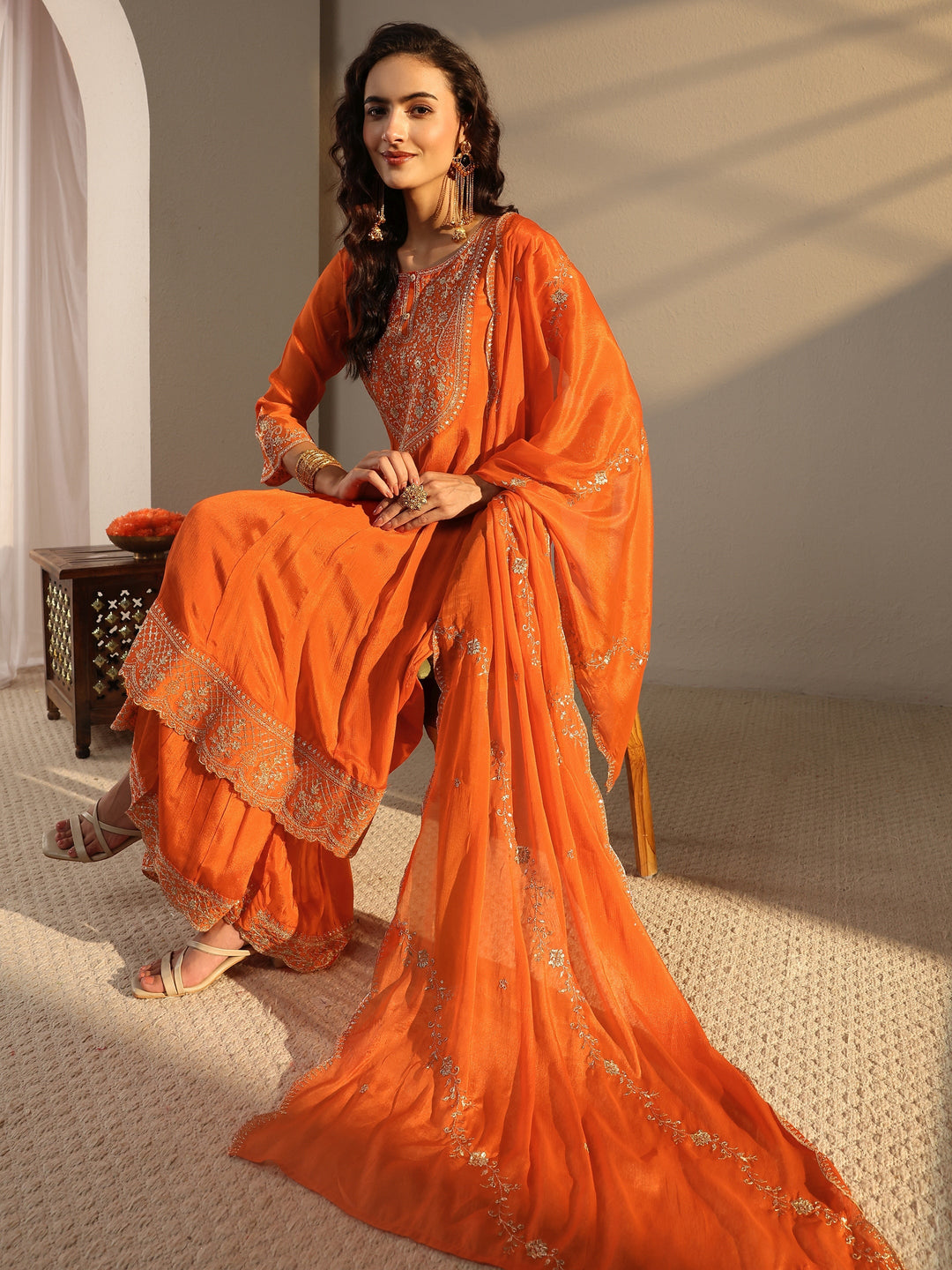 Orange Embroidered Chinon Sharara Suit Set With Dupatta