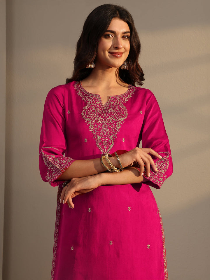 Pink Embroidered Silk Blend Straight Suit Set With Dupatta