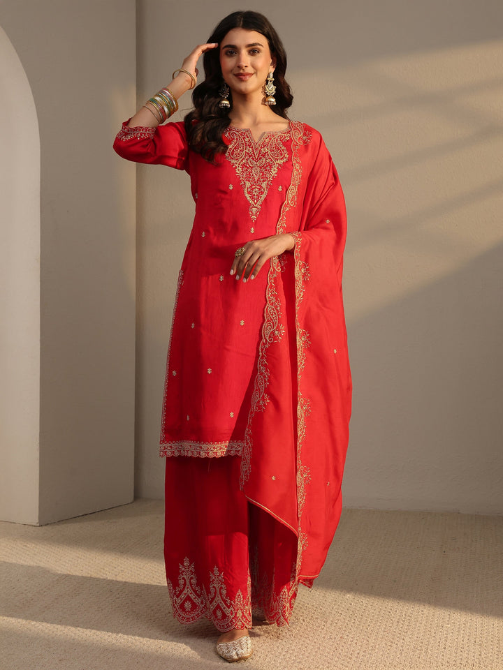 Red Embroidered Silk Blend Straight Suit Set With Dupatta