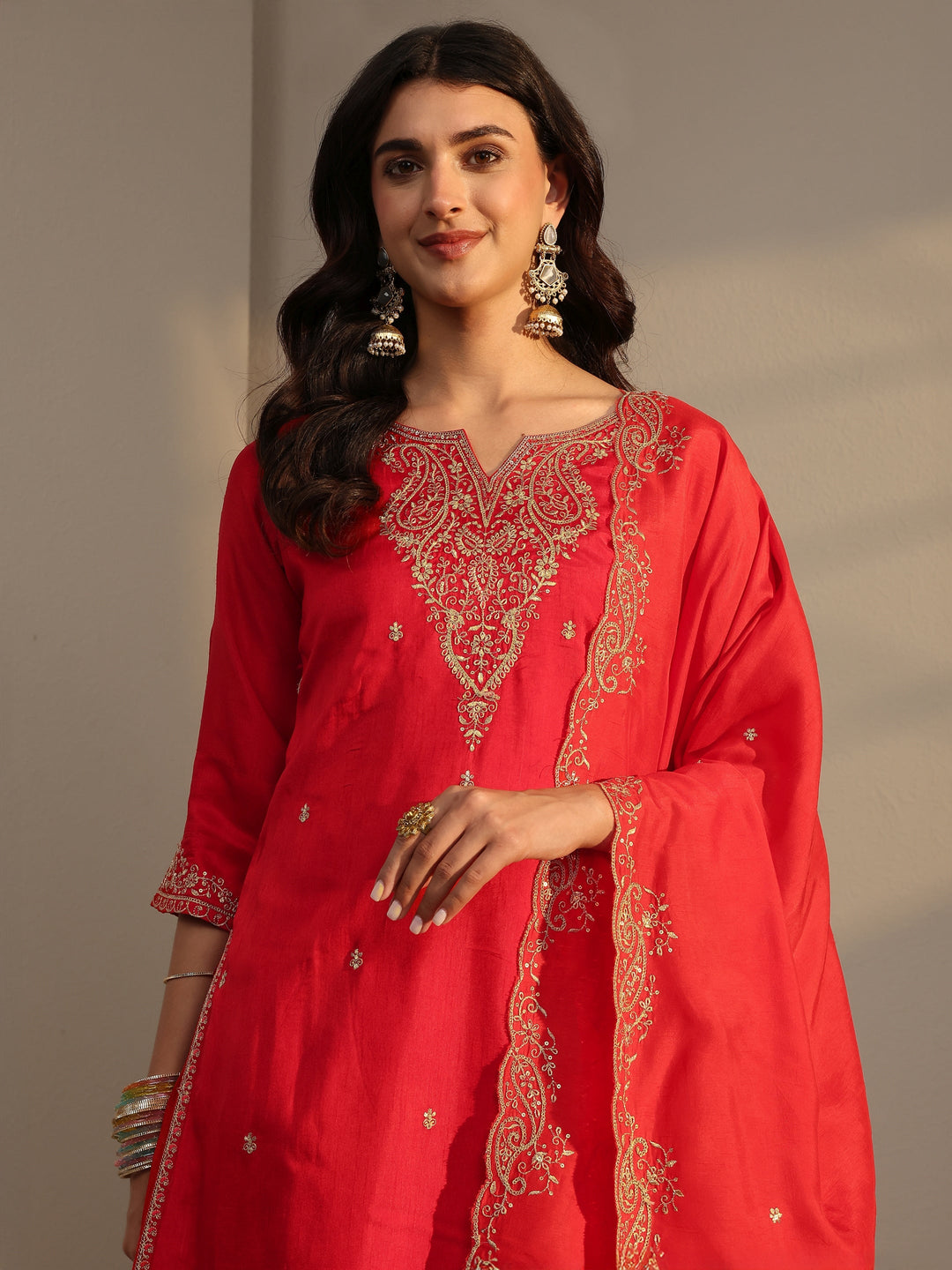 Red Embroidered Silk Blend Straight Suit Set With Dupatta