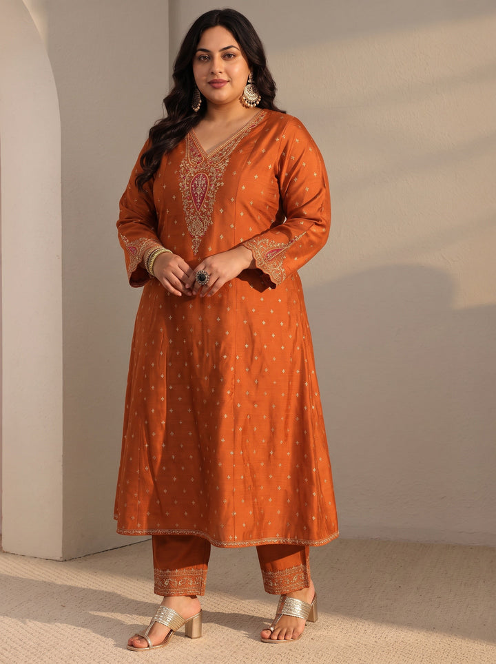 Plus Size Rust Woven Design Silk Blend A-Line Suit Set With Dupatta