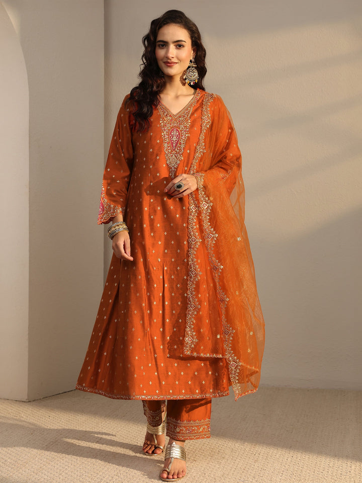 Rust Woven Design Silk Blend A-Line Suit Set With Dupatta