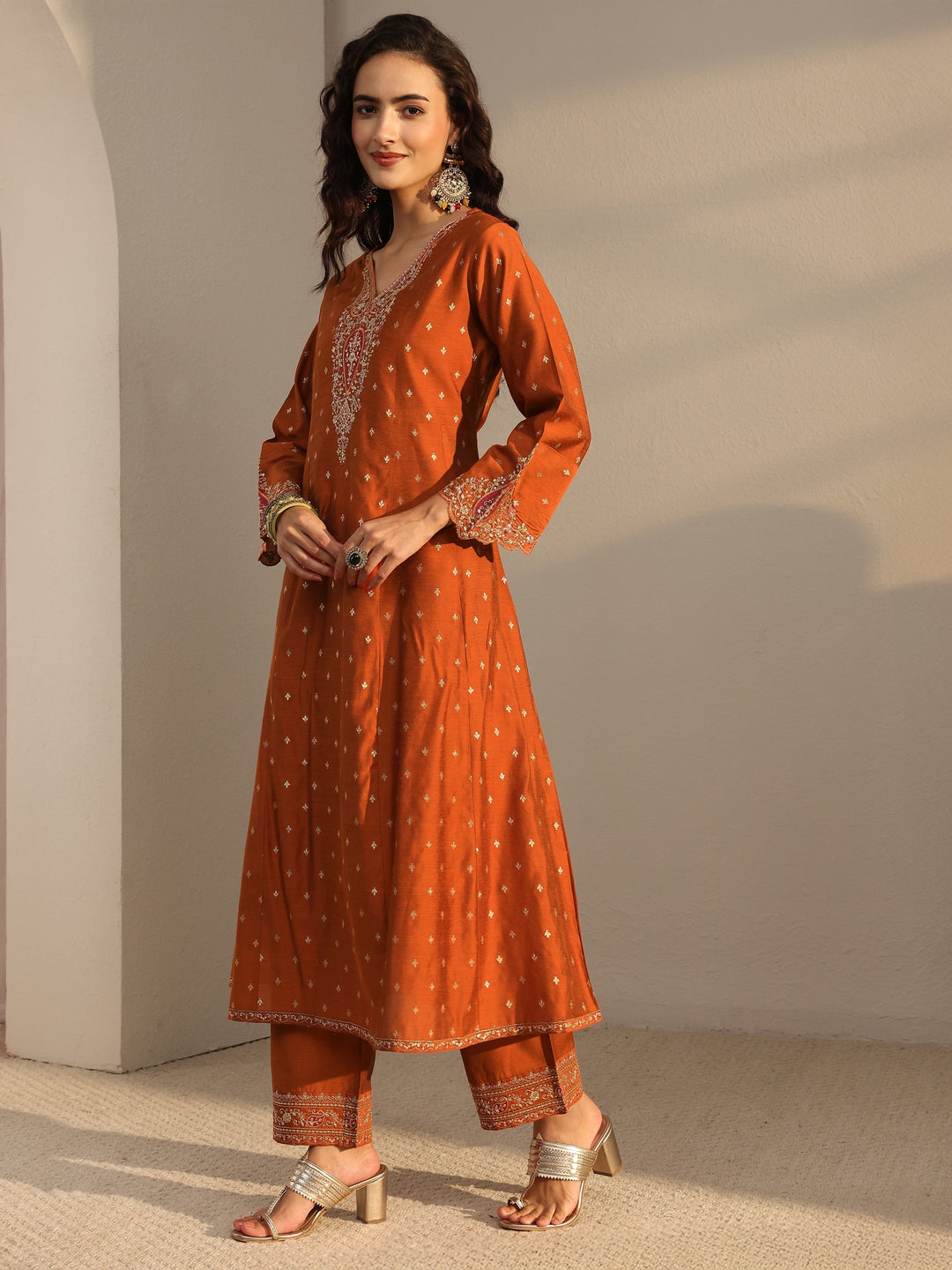 Rust Woven Design Silk Blend A-Line Suit Set With Dupatta