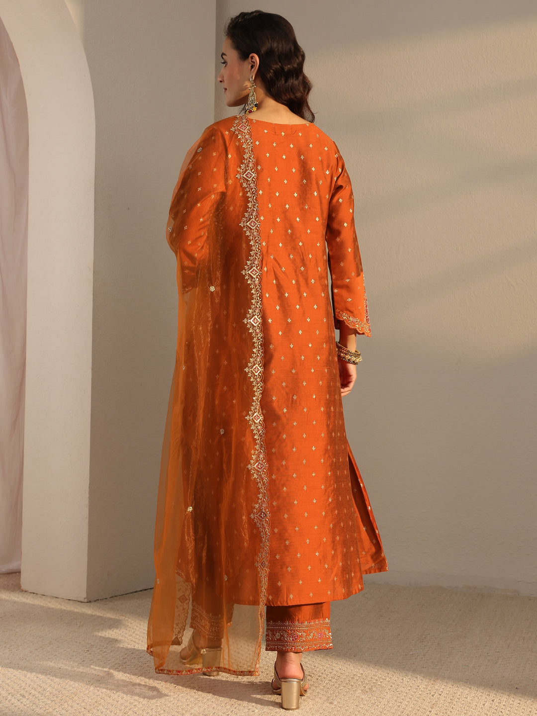 Rust Woven Design Silk Blend A-Line Suit Set With Dupatta