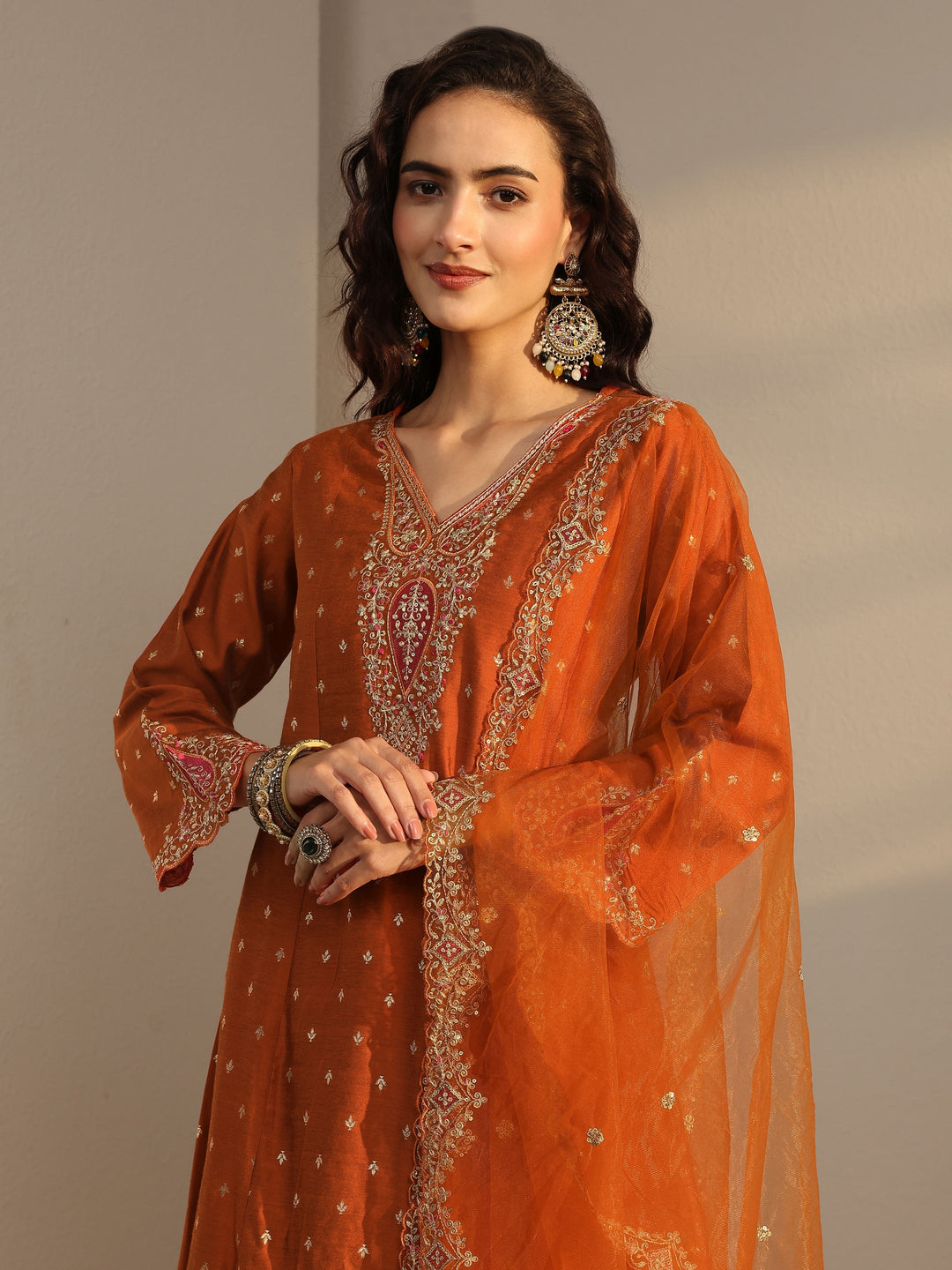Rust Woven Design Silk Blend A-Line Suit Set With Dupatta