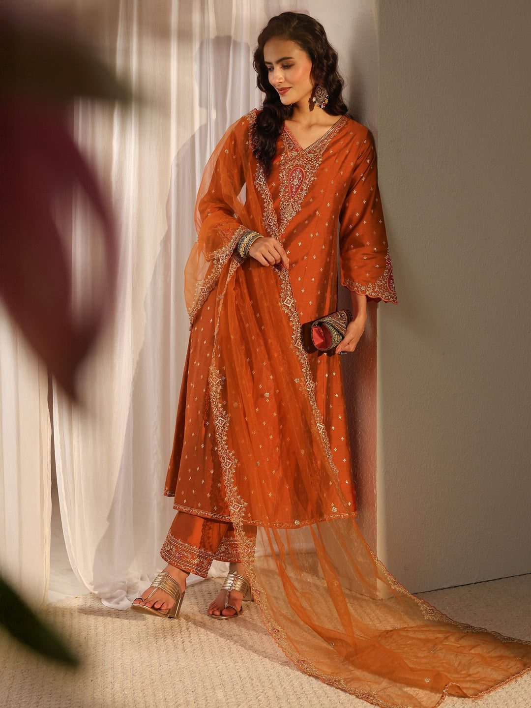 Rust Woven Design Silk Blend A-Line Suit Set With Dupatta