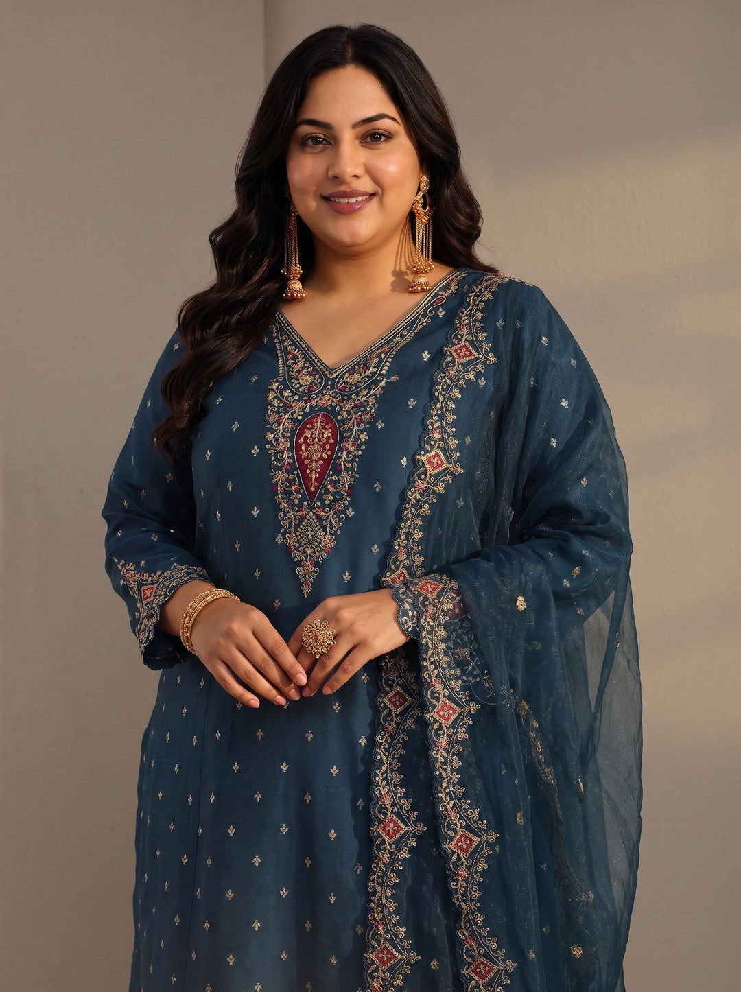 Plus Size Blue Woven Design Silk Blend A-Line Suit Set With Dupatta