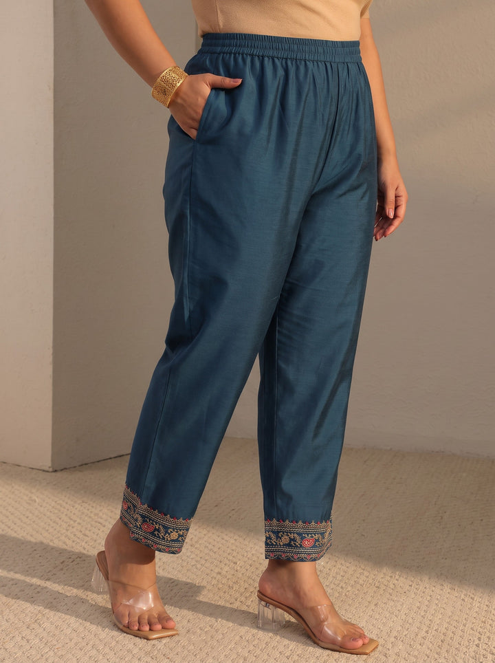 Plus Size Blue Woven Design Silk Blend A-Line Suit Set With Dupatta