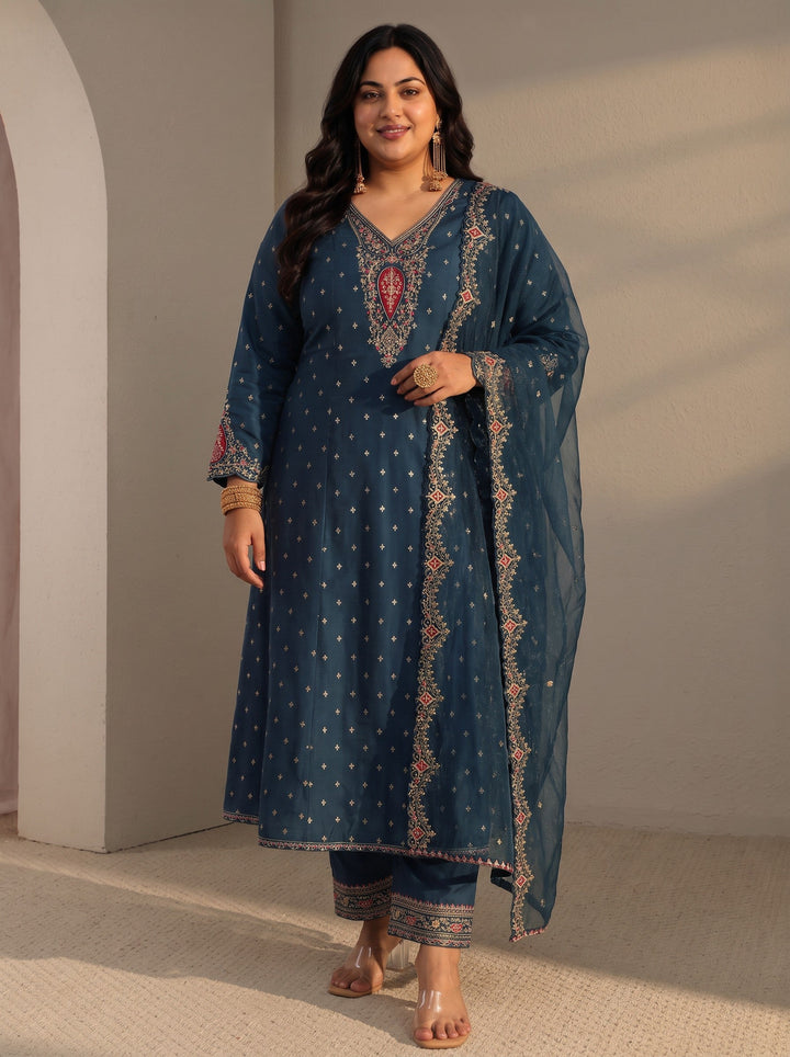 Plus Size Blue Woven Design Silk Blend A-Line Suit Set With Dupatta