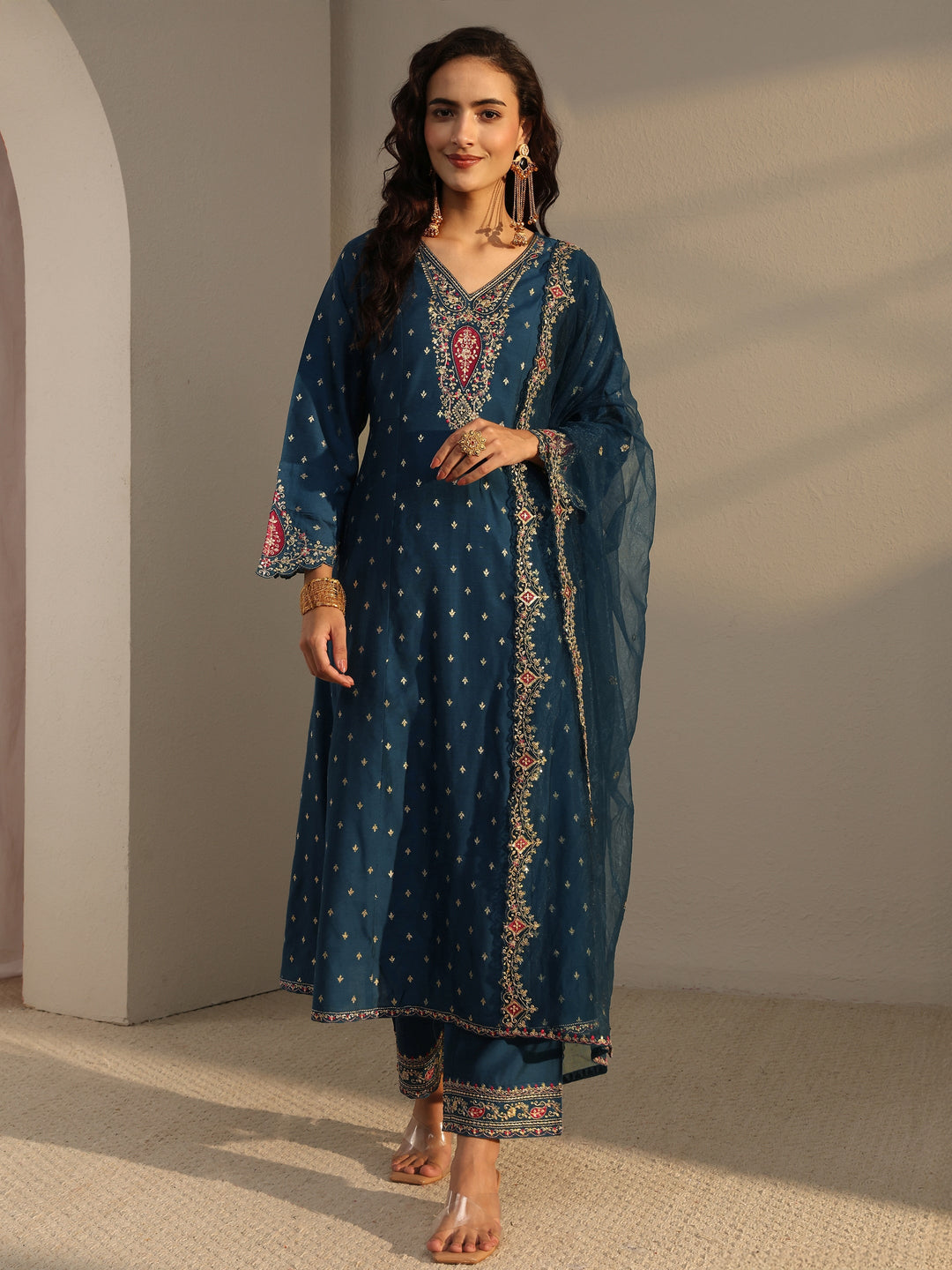 Blue Woven Design Silk Blend A-Line Suit Set With Dupatta