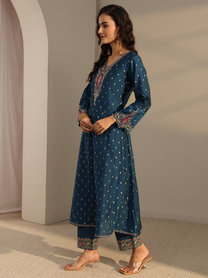 Blue Woven Design Silk Blend A-Line Suit Set With Dupatta