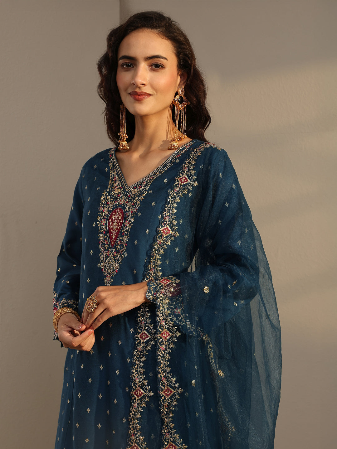 Blue Woven Design Silk Blend A-Line Suit Set With Dupatta