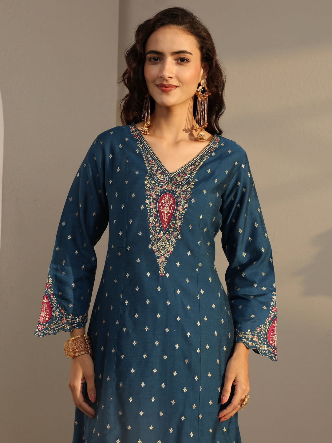Blue Woven Design Silk Blend A-Line Suit Set With Dupatta